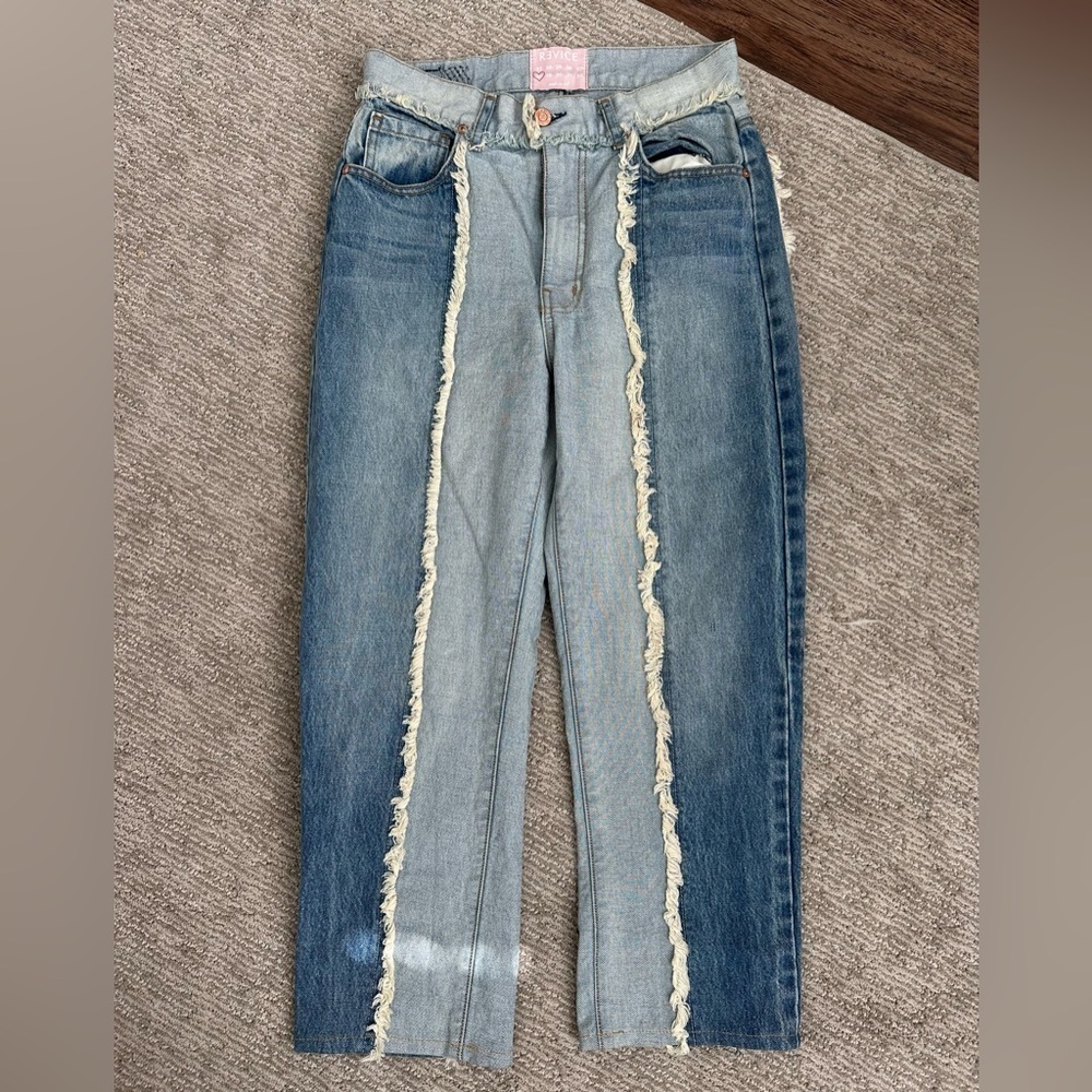 Revice Patchwork Frayed Distressed Straight Leg Denim Jeans - Size 28